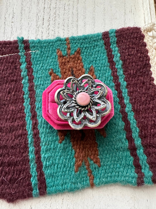 Handcrafted Pink Conch And Sterling Silver Adjustable Flower Ring Signed K Billah
