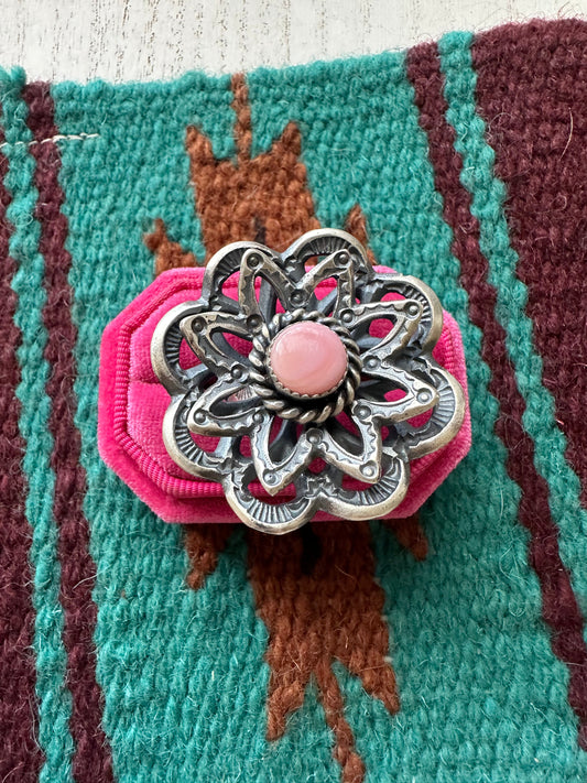 Handcrafted Pink Conch And Sterling Silver Adjustable Flower Ring Signed K Billah