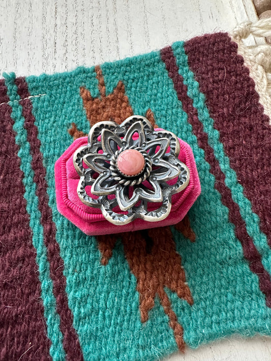Handcrafted Pink Conch And Sterling Silver Adjustable Flower Ring Signed K Billah