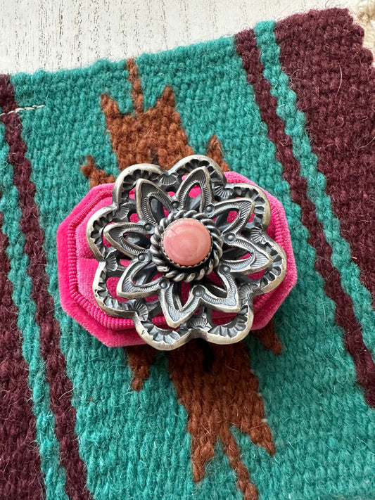 Handcrafted Pink Conch And Sterling Silver Adjustable Flower Ring Signed K Billah