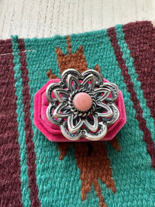 Handcrafted Pink Conch And Sterling Silver Adjustable Flower Ring Signed K Billah