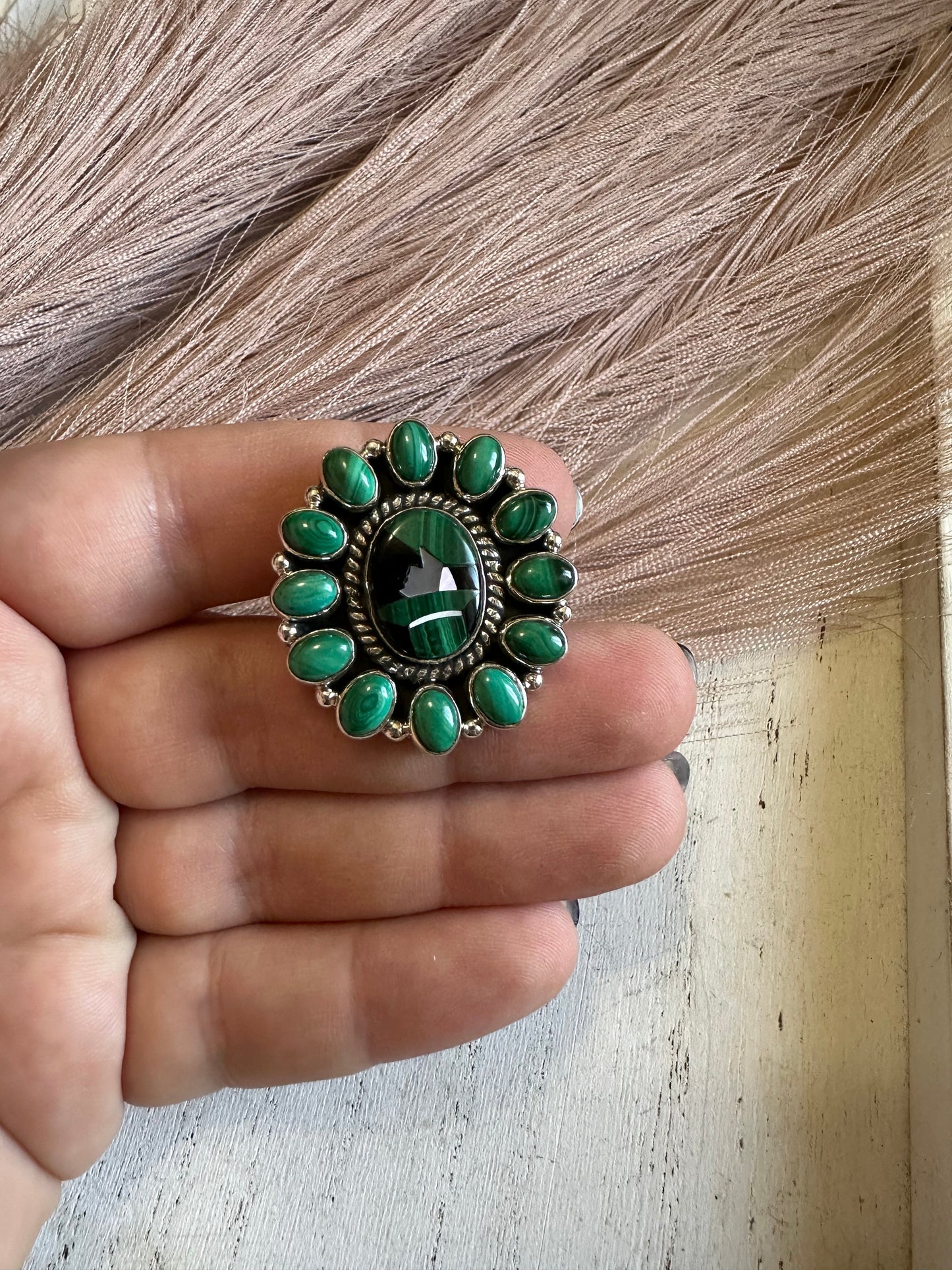 Handmade Malachite & Sterling Silver Adjustable Ring Signed Nizhoni