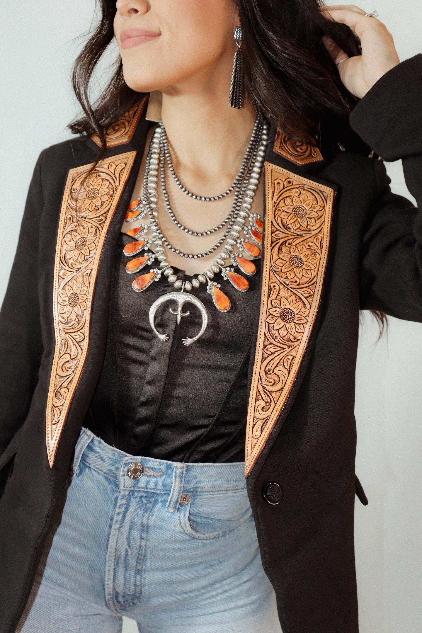 Handcrafted Orange Spiny And Sterling Silver Squash Blossom Necklace Earrings Set By Selena Warner