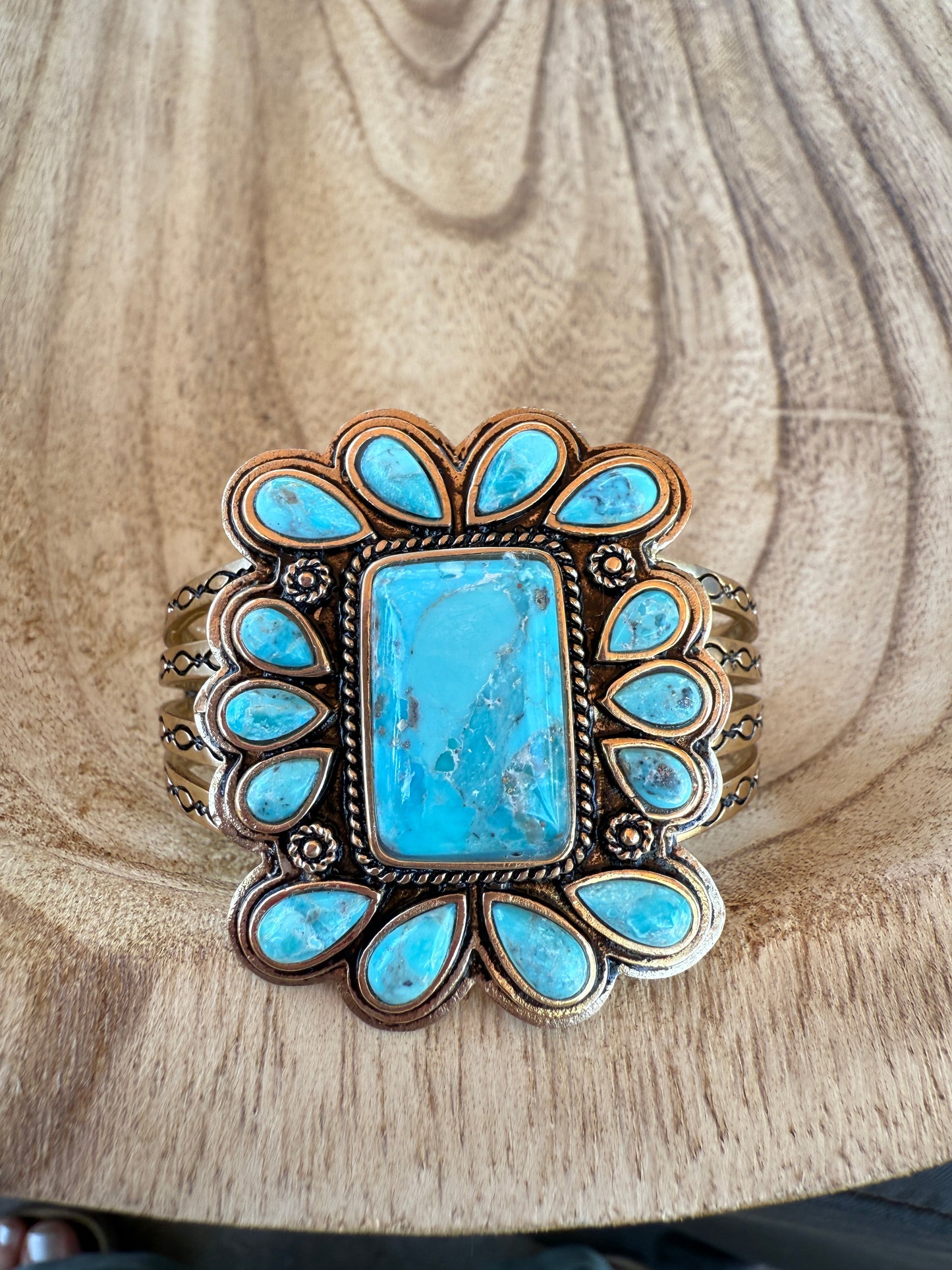 “The Golden Collection” Agave Statement Cuff Handmade Natural Turquoise Gold Plated Adjustable Bracelet Cuff