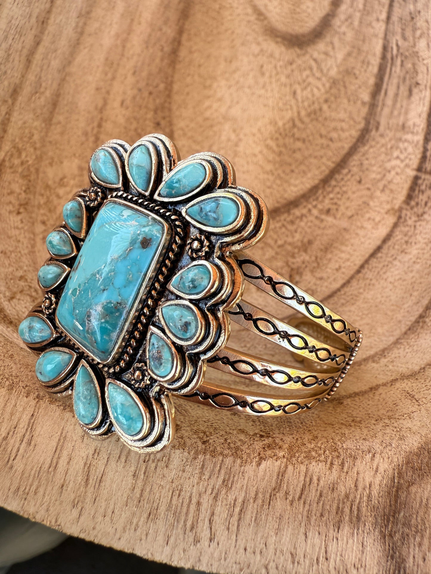 “The Golden Collection” Agave Statement Cuff Handmade Natural Turquoise Gold Plated Adjustable Bracelet Cuff