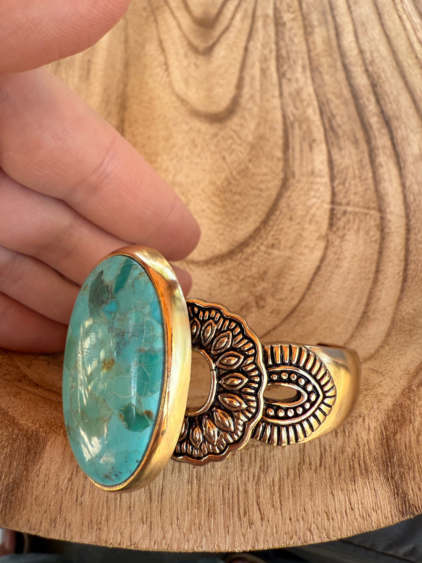 “The Golden Collection” Single Stone Statement Cuff Handmade Natural Turquoise Gold Plated Adjustable Bracelet Cuff