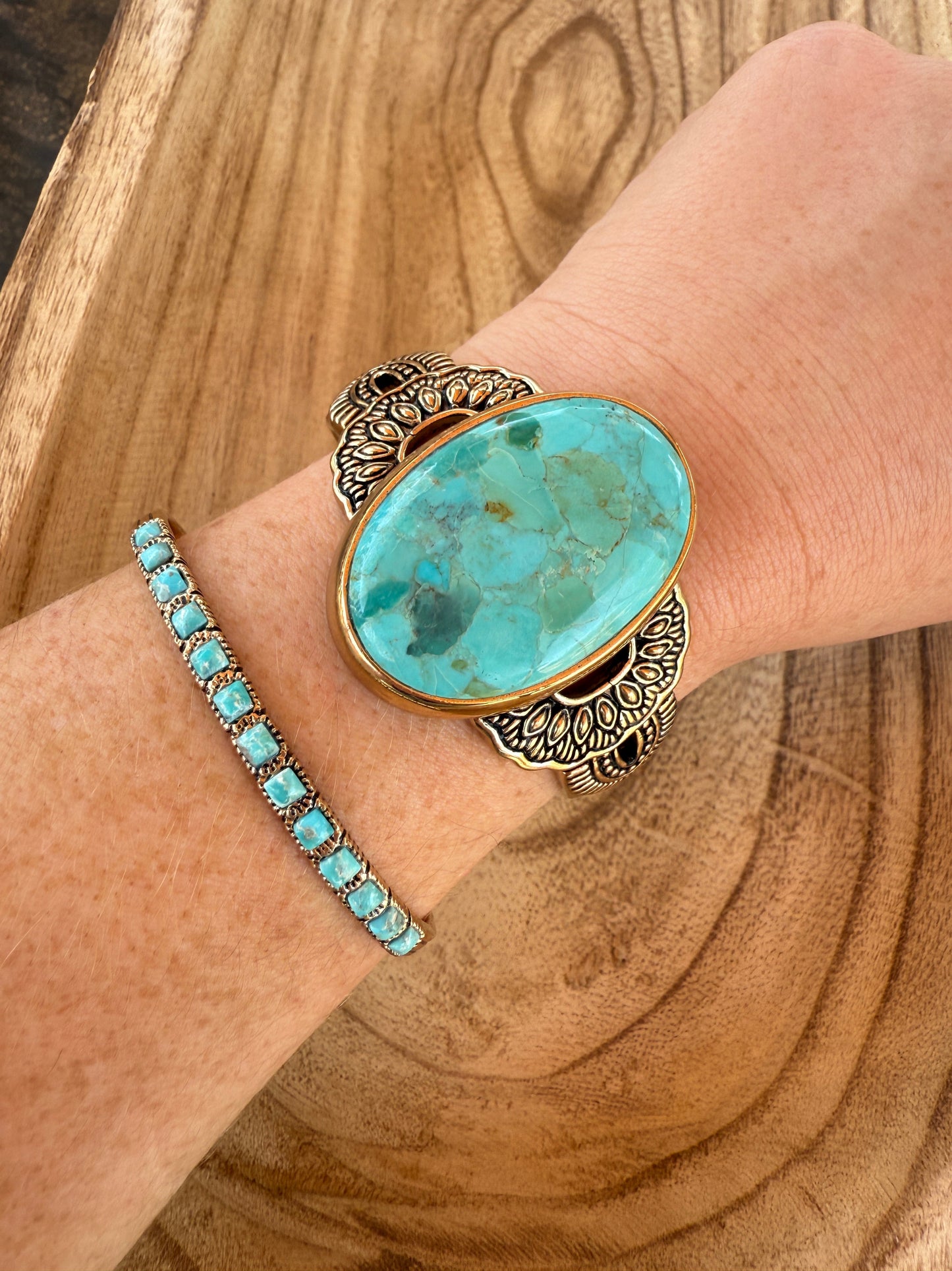 “The Golden Collection” Single Stone Statement Cuff Handmade Natural Turquoise Gold Plated Adjustable Bracelet Cuff