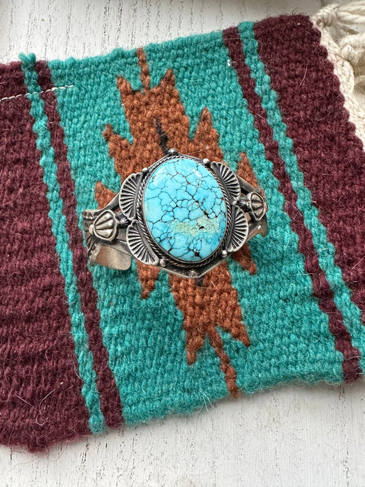 Handcrafted Kingman Web Turquoise And Sterling Silver Single Stone Cuff Bracelet Signed S.Tso