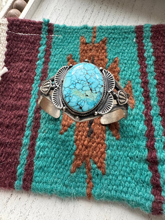 Handcrafted Kingman Web Turquoise And Sterling Silver Single Stone Cuff Bracelet Signed S.Tso