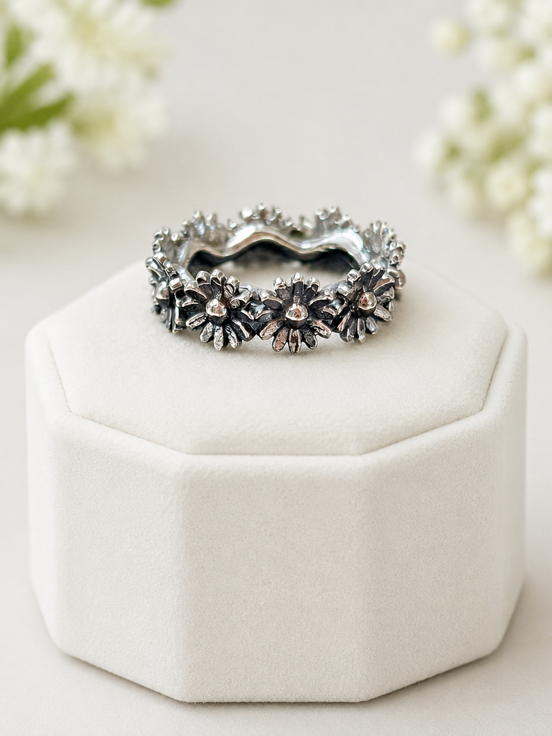 Flowers All Around Sterling Silver Ring 1/4”
