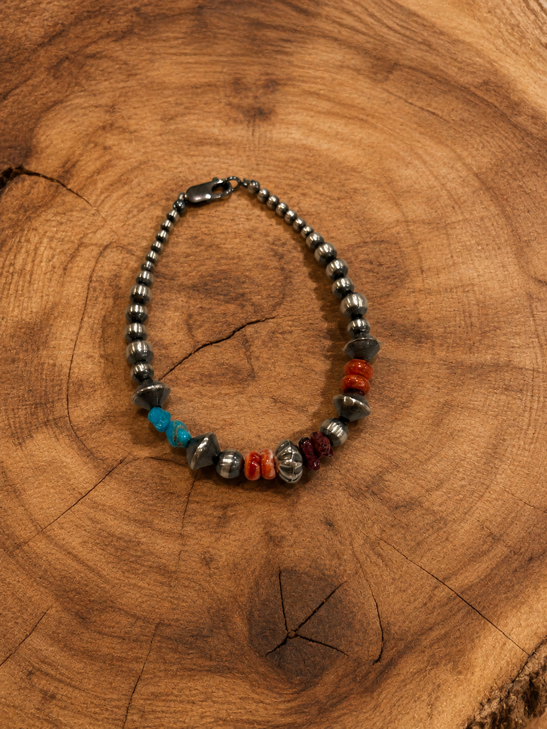 Handcrafted Multi Stone & Sterling Silver 3-6mm Beaded Bracelet 7.5"