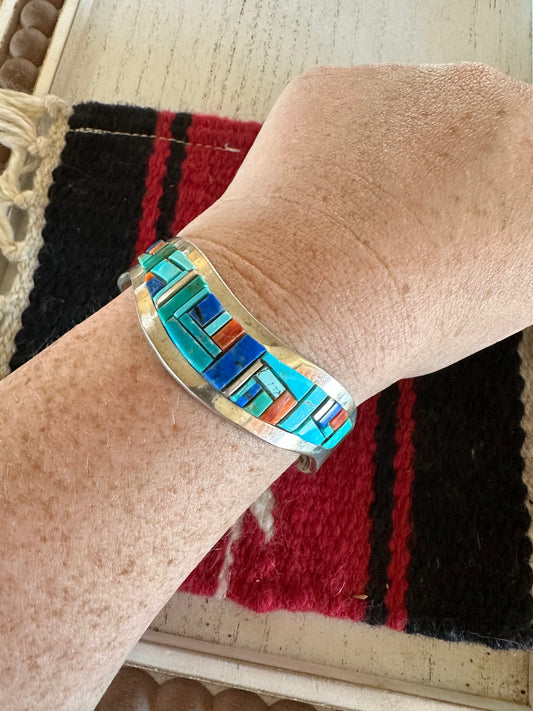 Handcrafted Multi Stone & Sterling Silver Handmade Sterling Cuff Signed