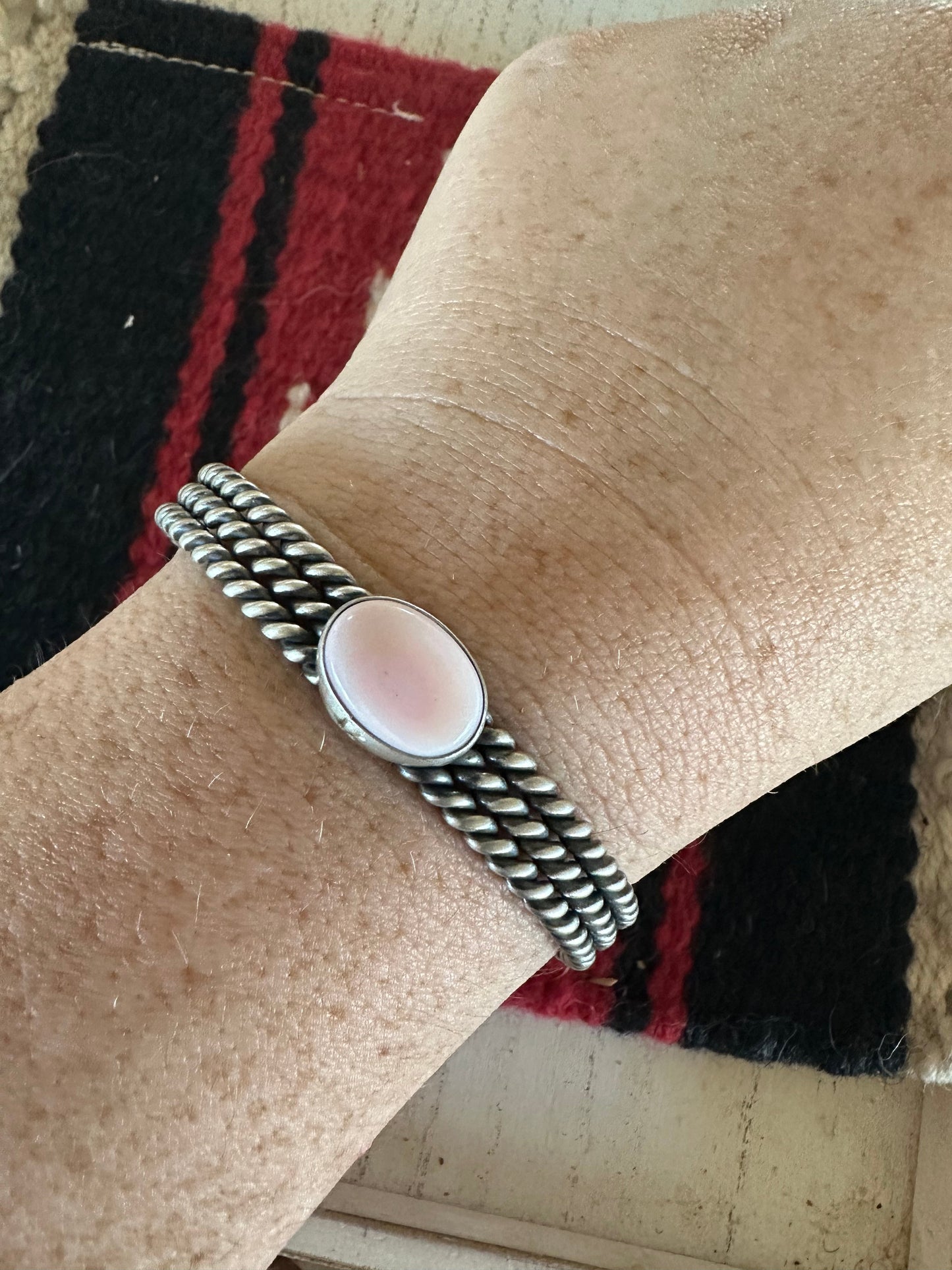 Navajo Circle Pink Conch & Sterling Silver Adjustable Cuff Bracelet