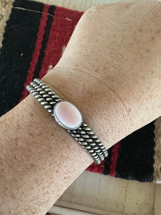Handcrafted Circle Pink Conch & Sterling Silver Adjustable Cuff Bracelet