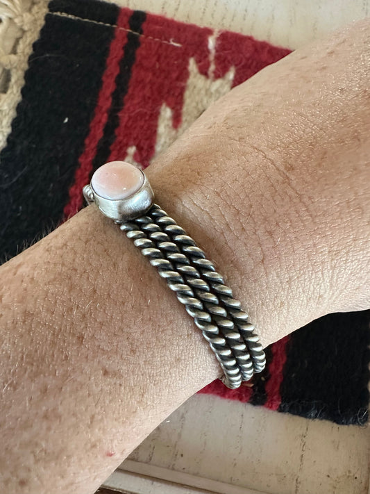 Handcrafted Circle Pink Conch & Sterling Silver Adjustable Cuff Bracelet