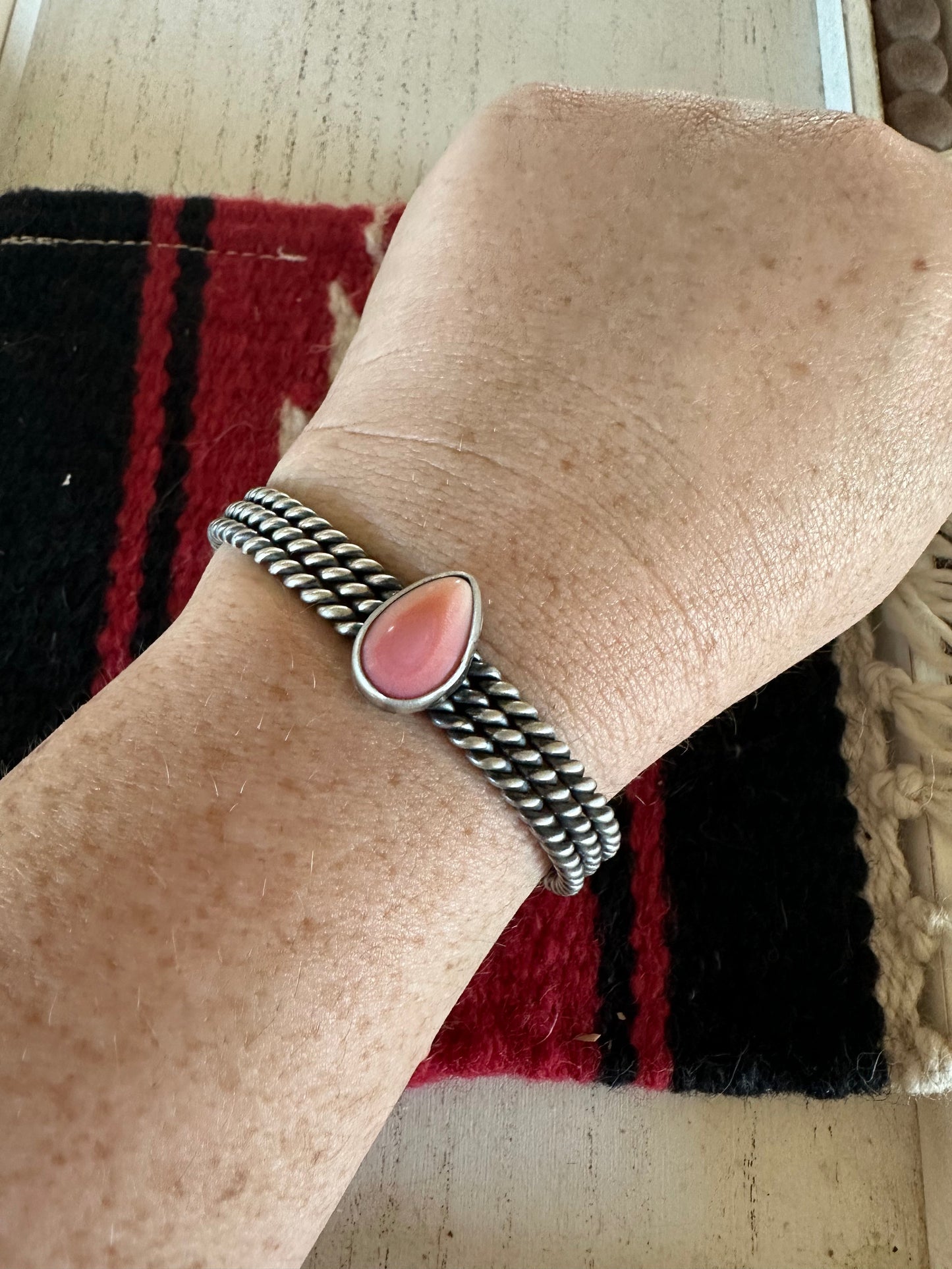 Navajo Tear Drop Pink Conch & Sterling Silver Adjustable Cuff Bracelet
