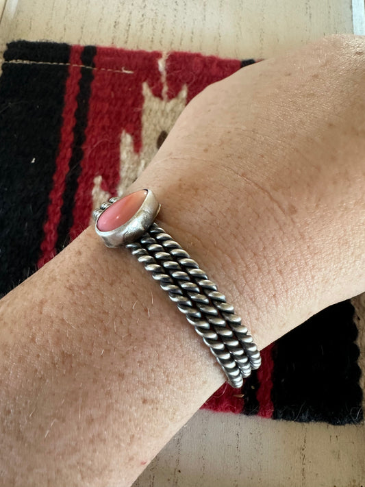 Handcrafted Tear Drop Pink Conch & Sterling Silver Adjustable Cuff Bracelet