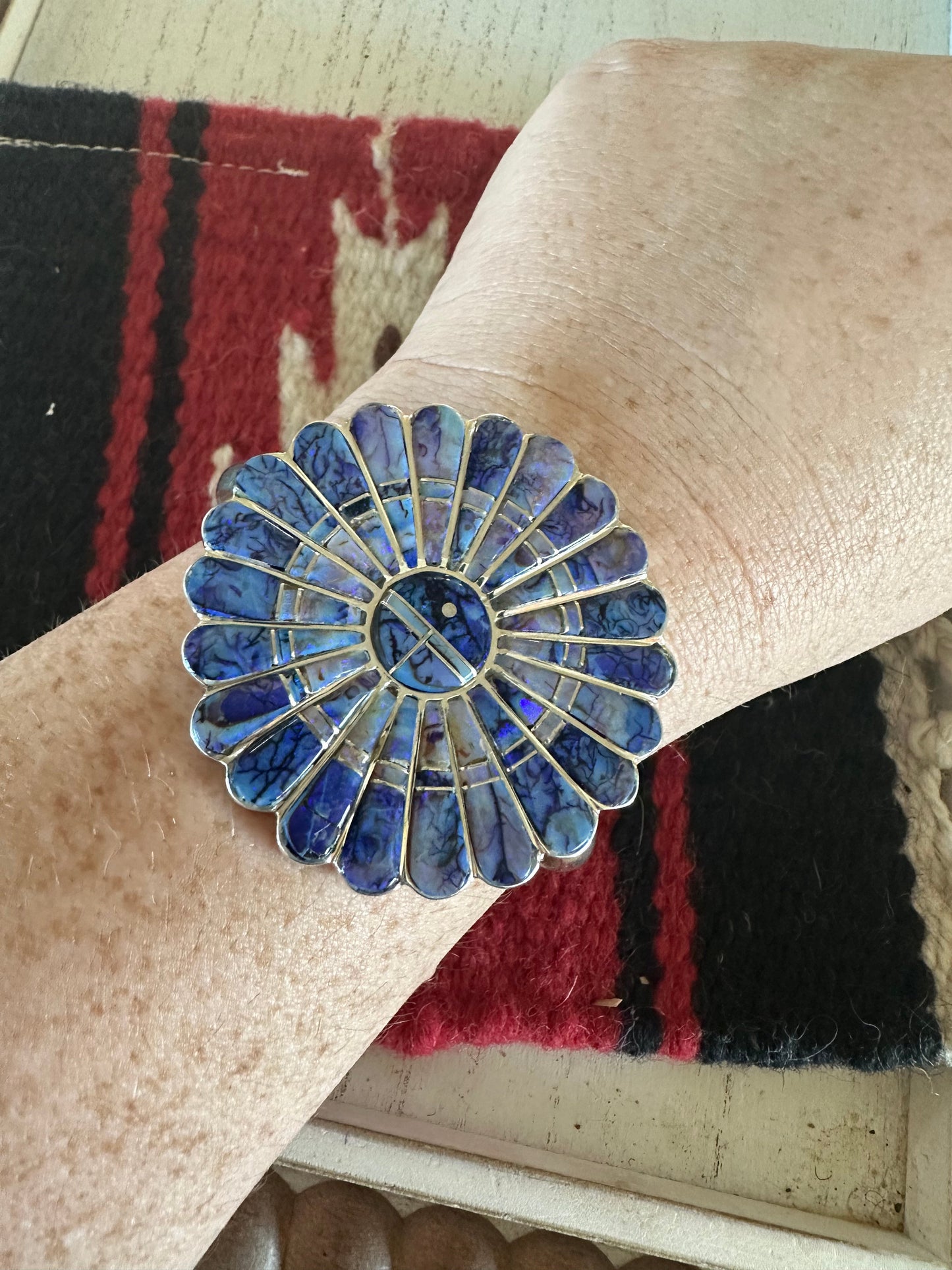 Navajo Handmade Sterling & Blue Opal Web Inlay Cuff Bracelet Signed