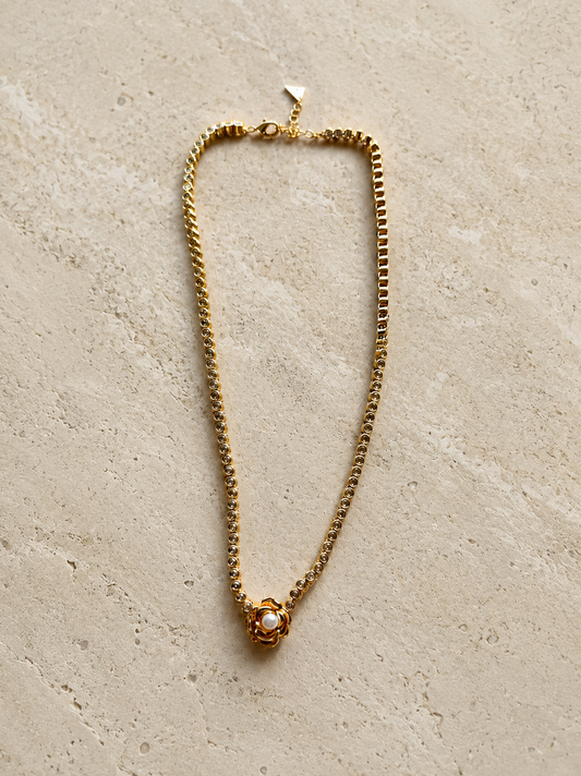 Pearl 14k Gold Flower CZ Tennis Necklace