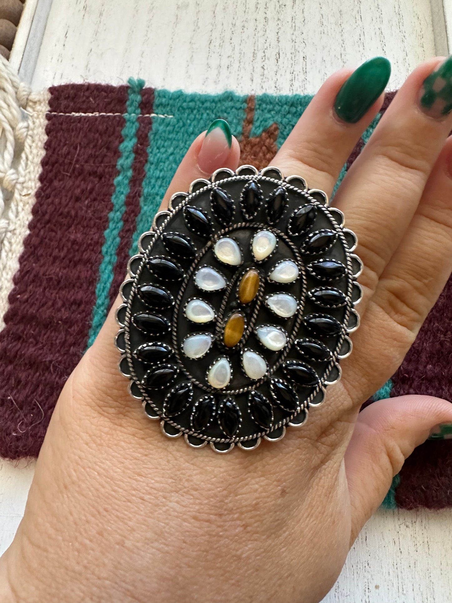 “Desert Roads” Handmade Pearl, Black Onyx & Sterling Silver Adjustable Ring