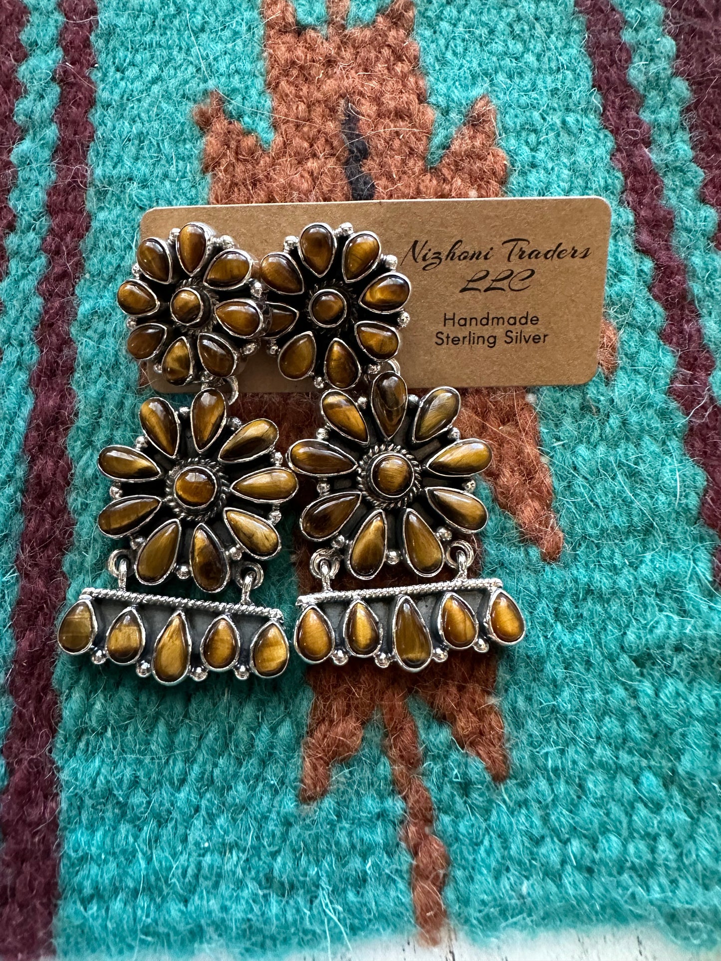 “Cowboy Charms” Handmade Flower Tigers Eye and Silver Silver Dangles
