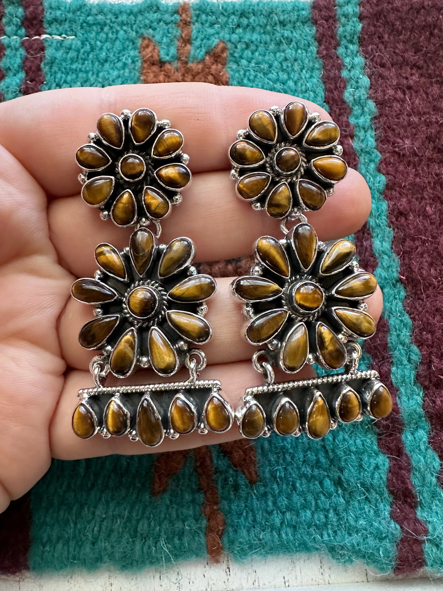 “Cowboy Charms” Handmade Flower Tigers Eye and Silver Silver Dangles