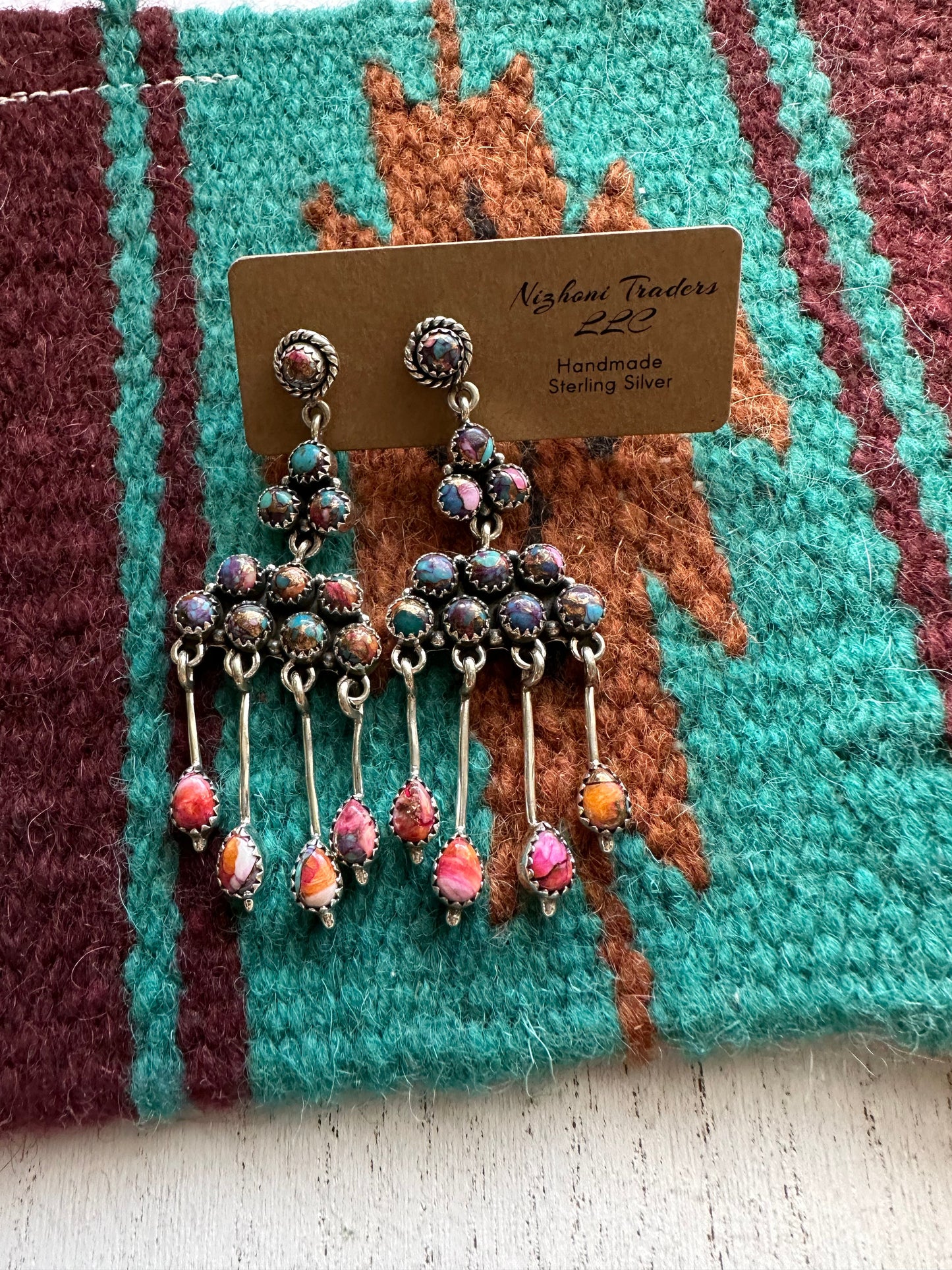 “The Chandelier” Handmade Pink & Purple Dream And Sterling Silver Dangle Earrings Signed Nizhoni