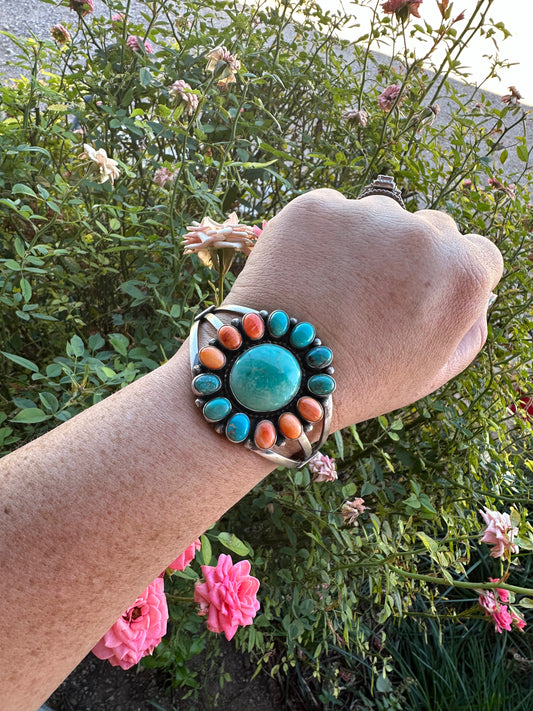 Handcrafted Sterling Silver, Turquoise & Orange Spiny Bracelet Cuff Signed Sheila Becenti