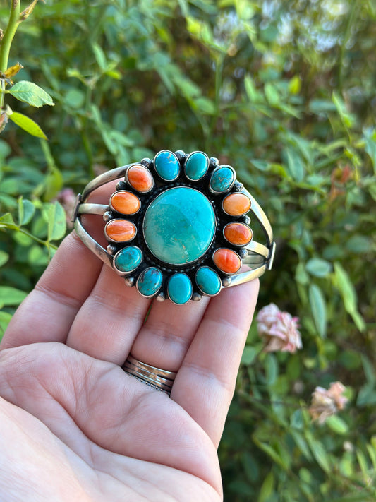 Handcrafted Sterling Silver, Turquoise & Orange Spiny Bracelet Cuff Signed Sheila Becenti