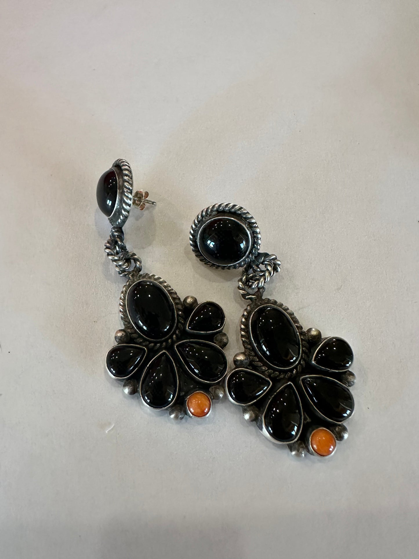 Handcrafted Onyx, Orange Spiny & Sterling Silver Cluster Dangle Earrings