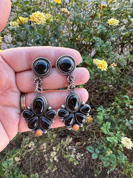 Handcrafted Onyx, Orange Spiny & Sterling Silver Cluster Dangle Earrings