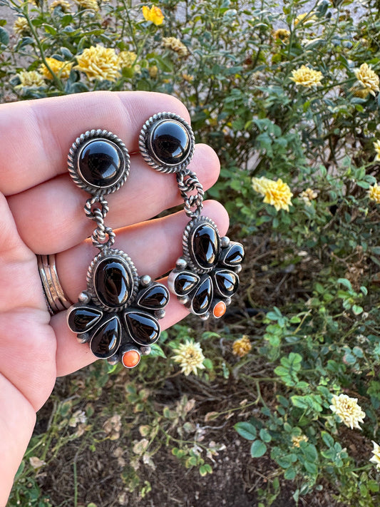 Handcrafted Onyx, Orange Spiny & Sterling Silver Cluster Dangle Earrings