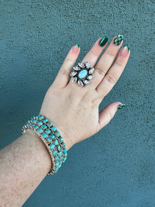 NFR COLLECTION Handmade Golden Hills Turquoise, CZ & Sterling Silver Adjustable Ring Signed Nizhoni