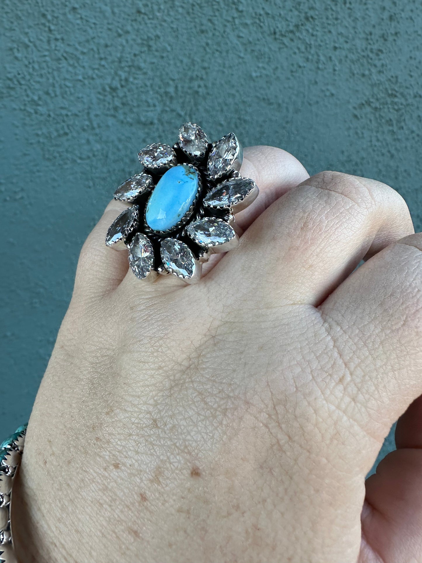 NFR COLLECTION Handmade Golden Hills Turquoise, CZ & Sterling Silver Adjustable Ring Signed Nizhoni