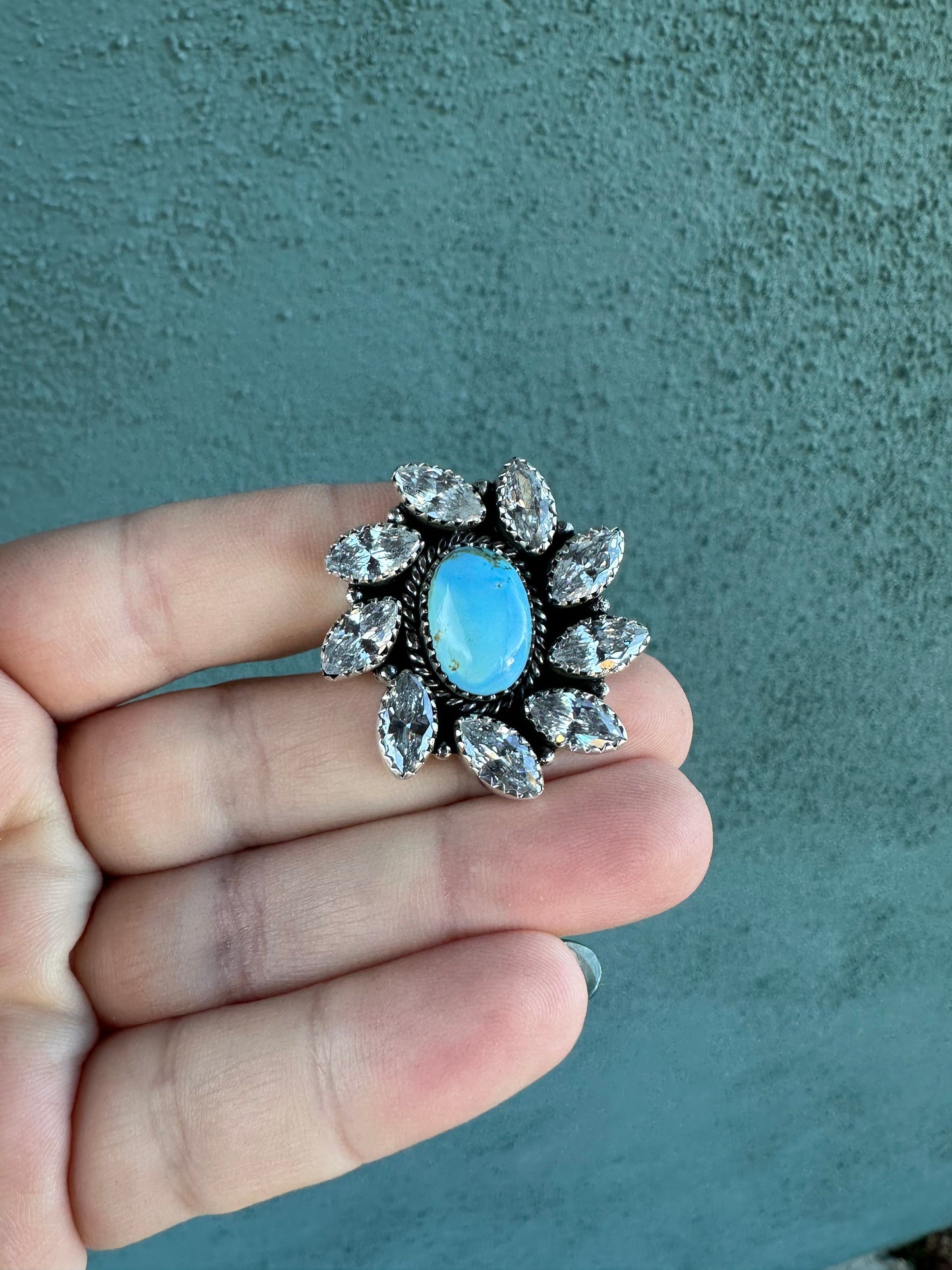 NFR COLLECTION Handmade Golden Hills Turquoise, CZ & Sterling Silver Adjustable Ring Signed Nizhoni