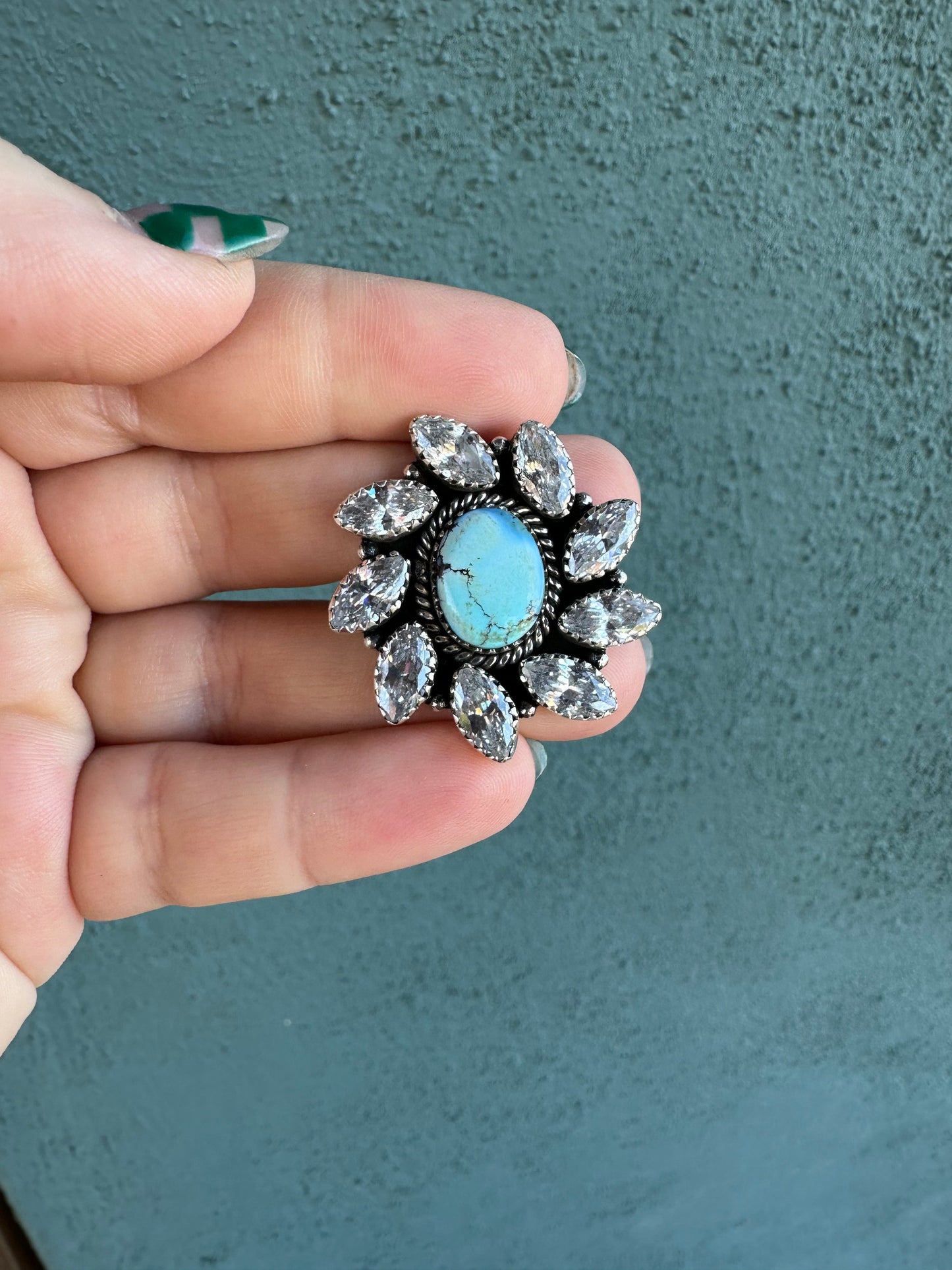 NFR COLLECTION Handmade Golden Hills Turquoise, CZ & Sterling Silver Adjustable Ring Signed Nizhoni