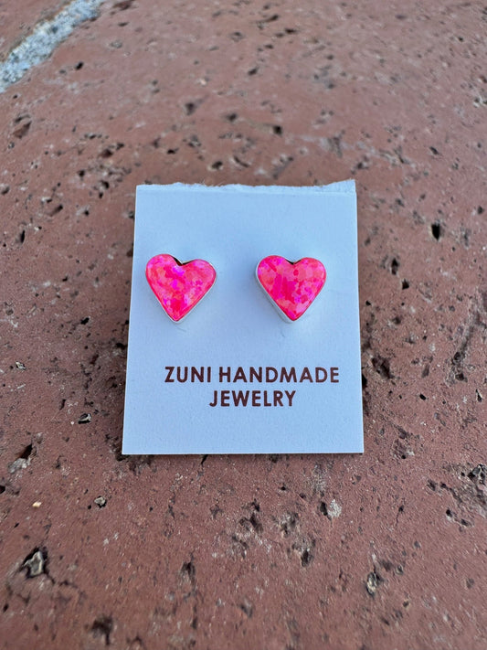 Handcrafted Sterling Silver & Pink Opal Stud Heart Earrings