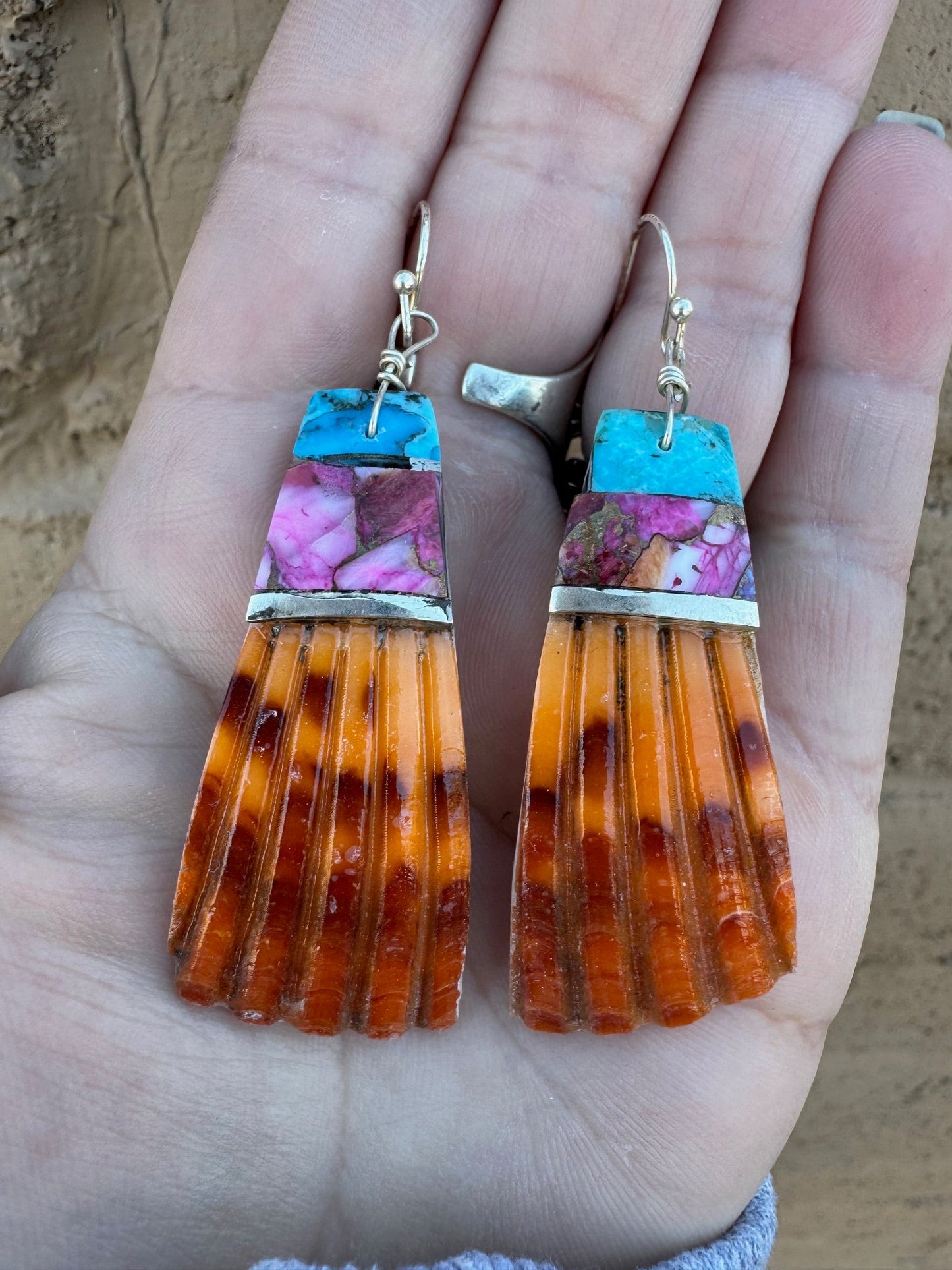 Handcrafted Multi Stone Inlay & Shell Dangle Earrings