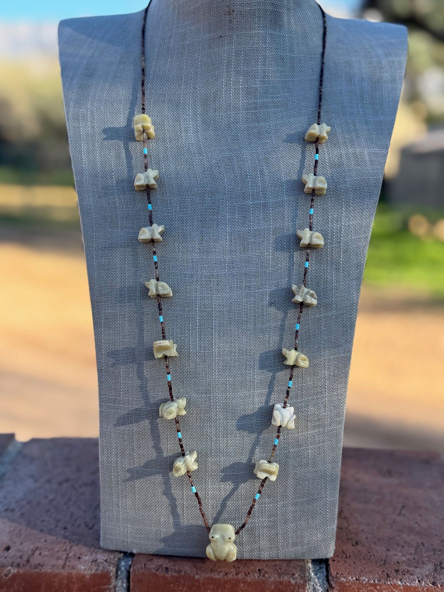 Handcrafted Sterling Silver & Beaded Frog Fetish Necklace 33"