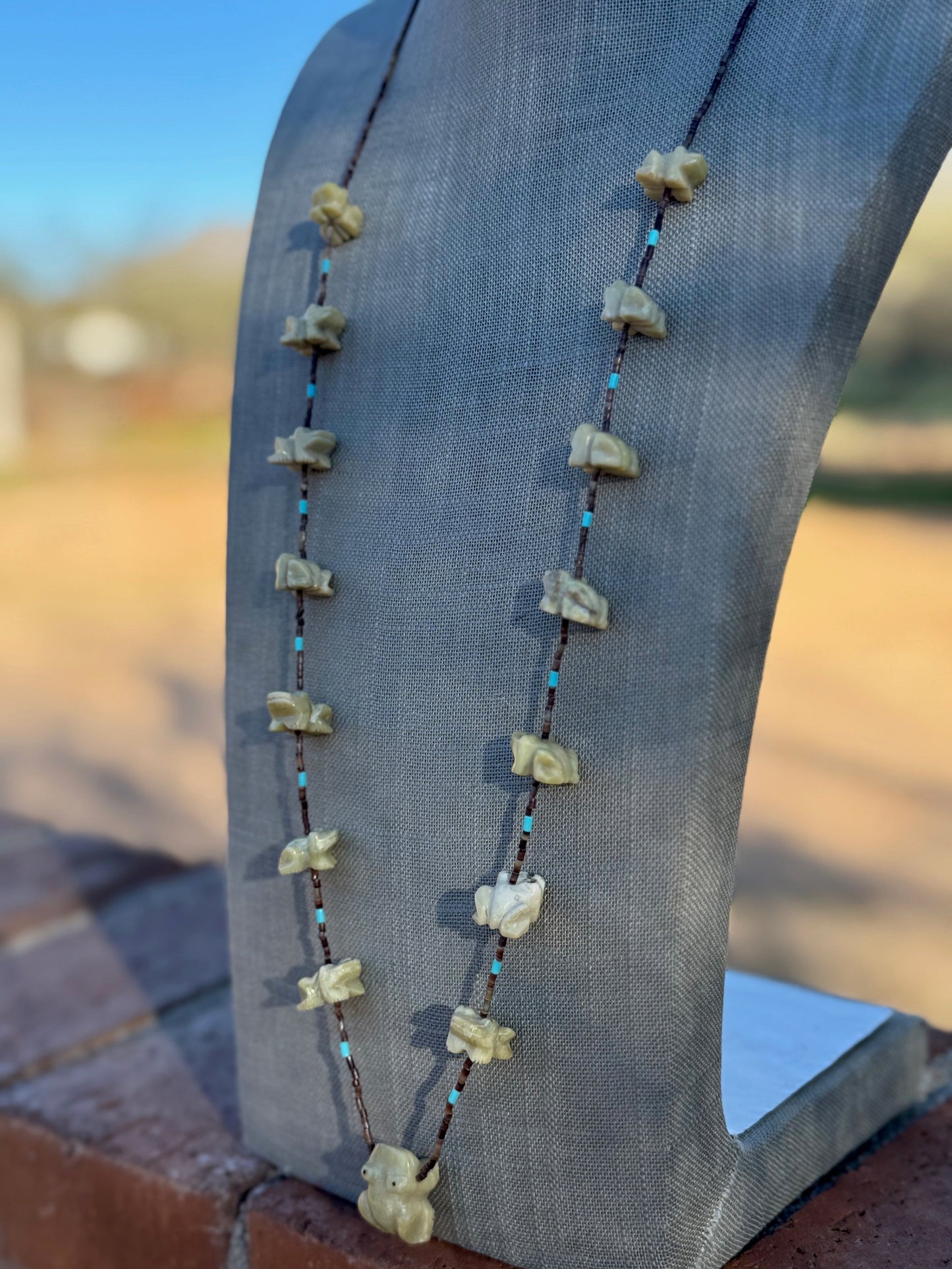 Handcrafted Sterling Silver & Beaded Frog Fetish Necklace 33"