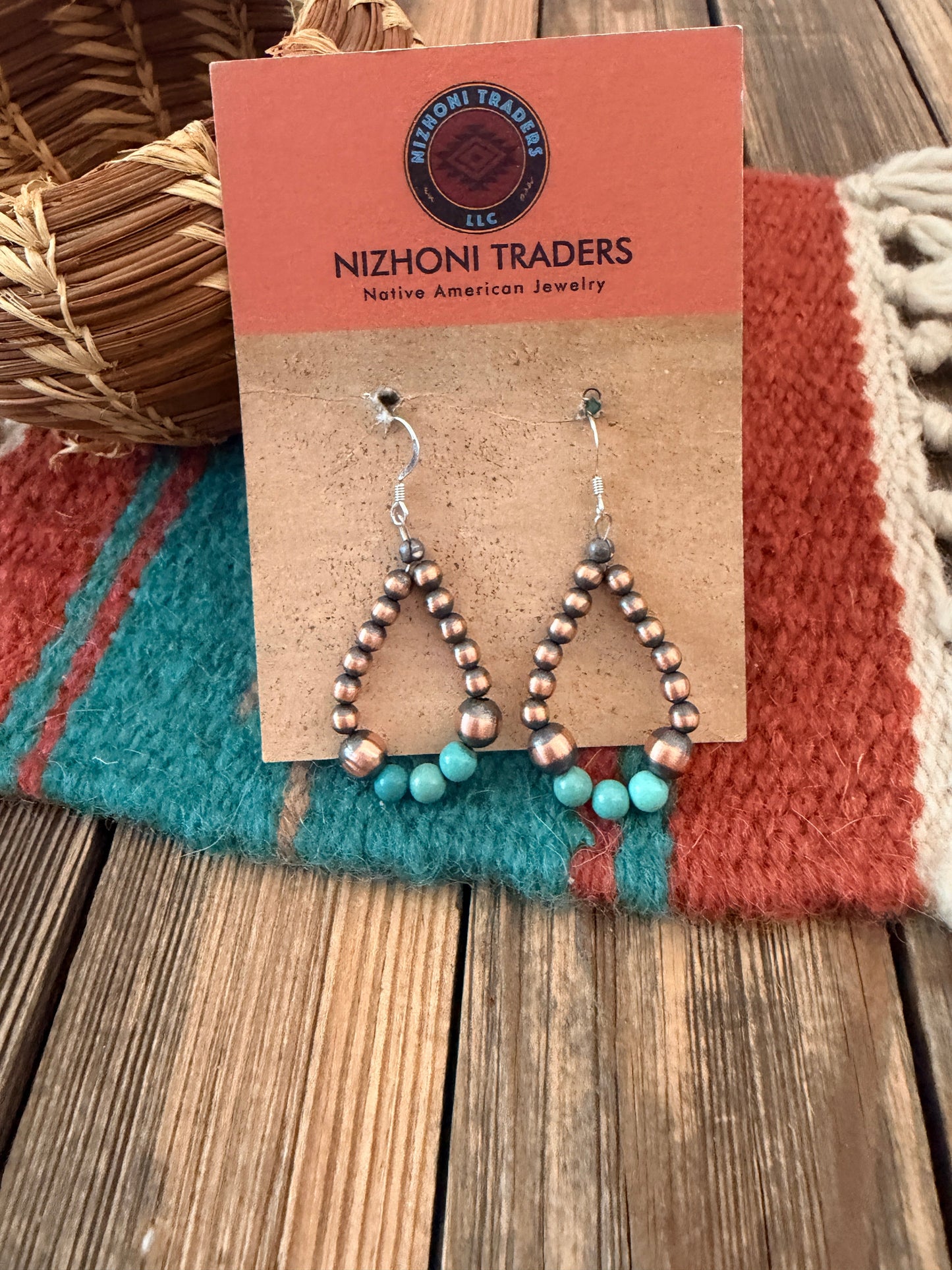 Handcrafted Copper & Turquoise Beaded Dangle Hoop Earrings