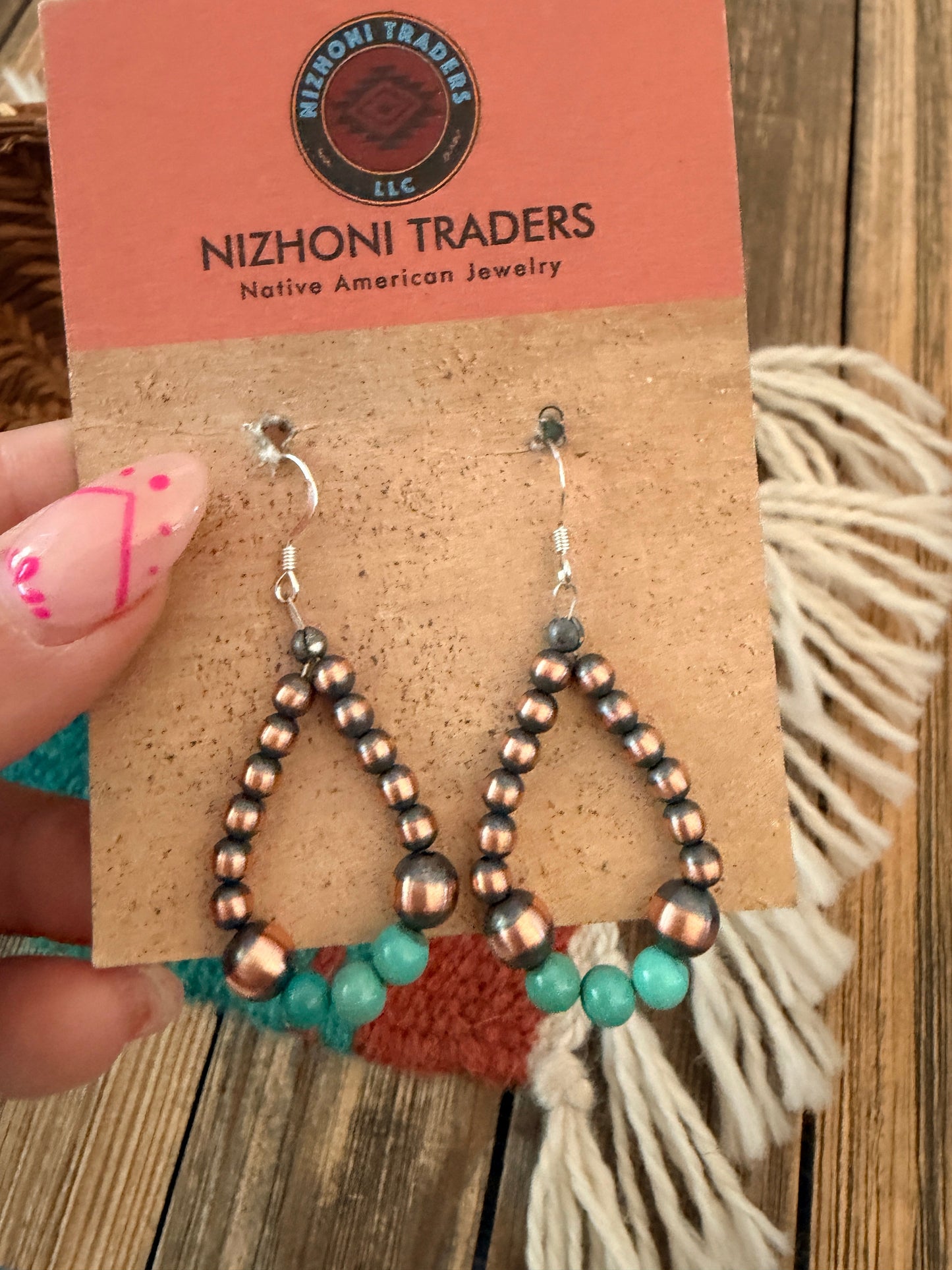 Handcrafted Copper & Turquoise Beaded Dangle Hoop Earrings