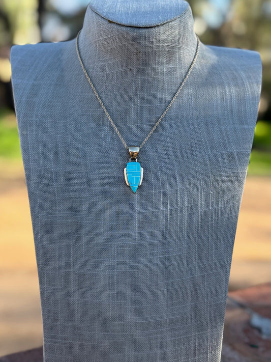 Handmade Gold Filled Over Sterling Silver & Turquoise Inlay Pendant Necklace 16"