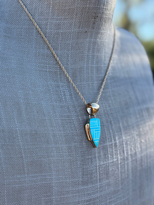 Handmade Gold Filled Over Sterling Silver & Turquoise Inlay Pendant Necklace 16"