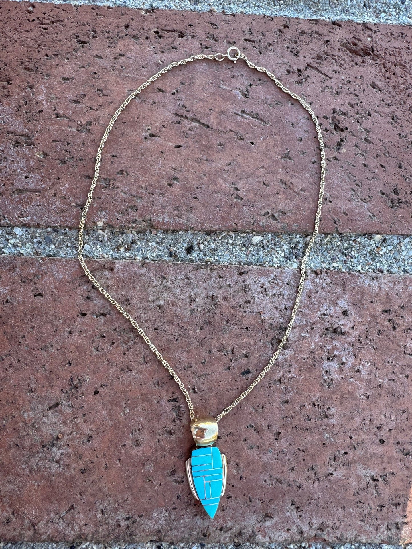 Handmade Gold Filled Over Sterling Silver & Turquoise Inlay Pendant Necklace 16"
