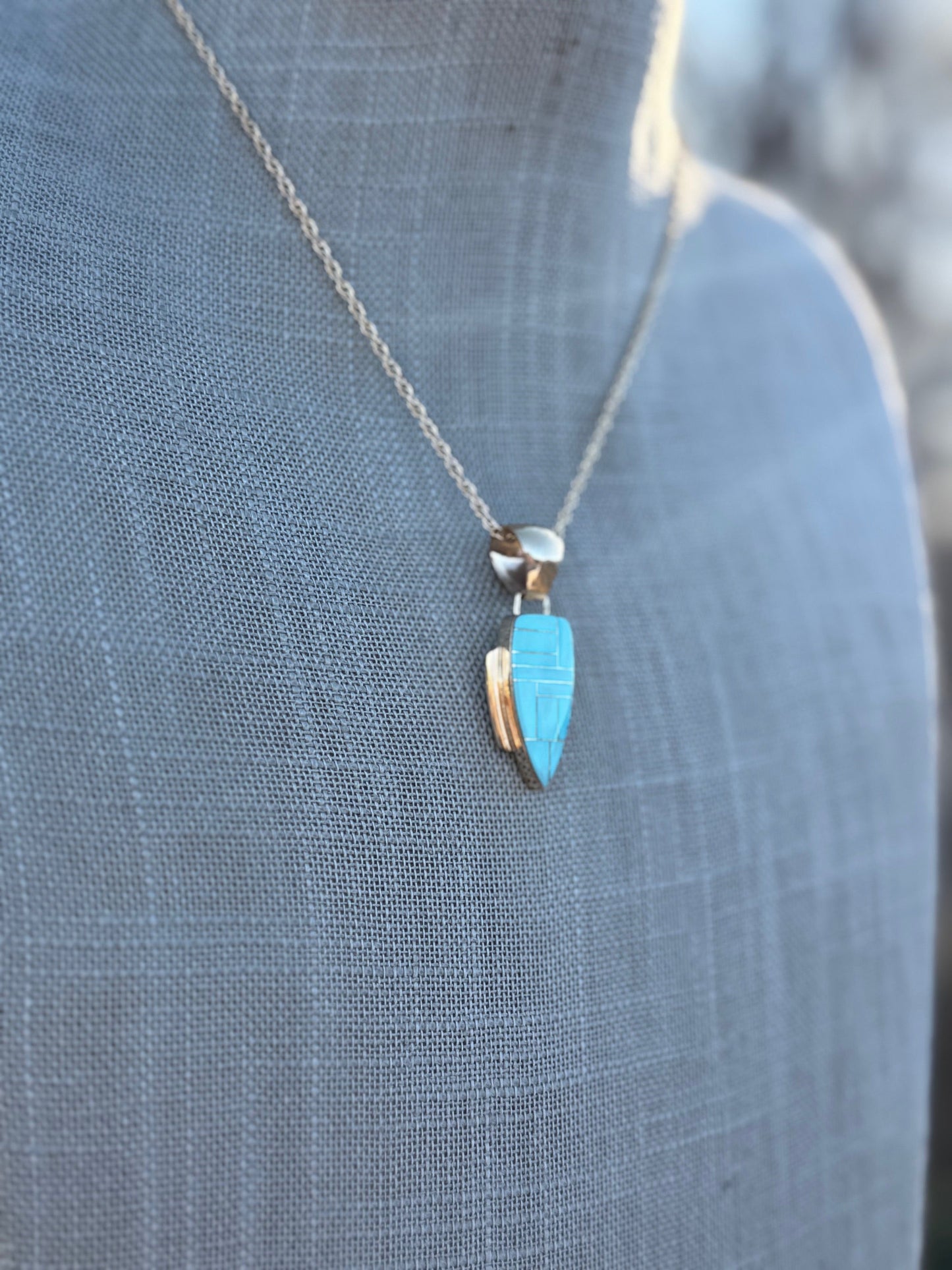 Handmade Gold Filled Over Sterling Silver & Turquoise Inlay Pendant Necklace 16"