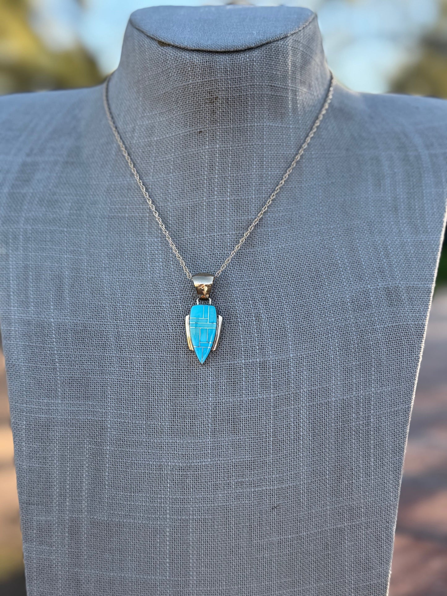 Handmade Gold Filled Over Sterling Silver & Turquoise Inlay Pendant Necklace 16"