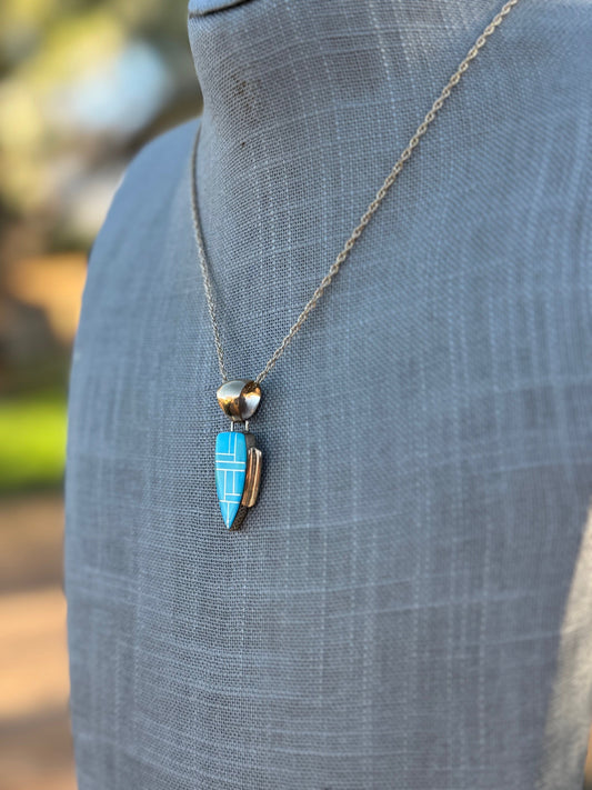 Handmade Gold Filled Over Sterling Silver & Turquoise Inlay Pendant Necklace 16"