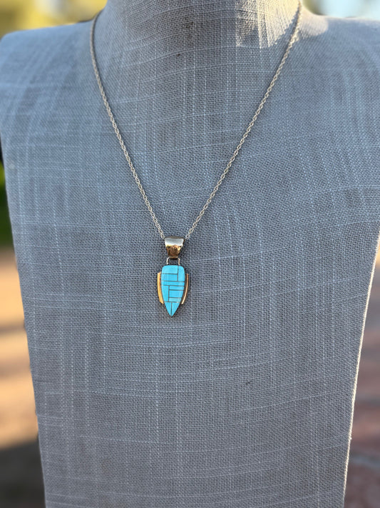 Handmade Gold Filled Over Sterling Silver & Turquoise Inlay Pendant Necklace 18"