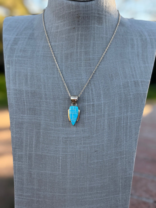 Handmade Gold Filled Over Sterling Silver & Turquoise Inlay Pendant Necklace 18"